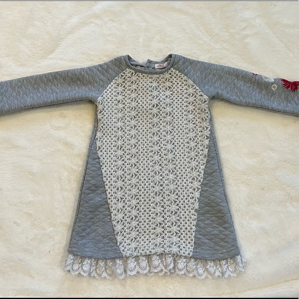 Quilted Dress with Lace Appliqué and Embroidered Flowers on Sleeve